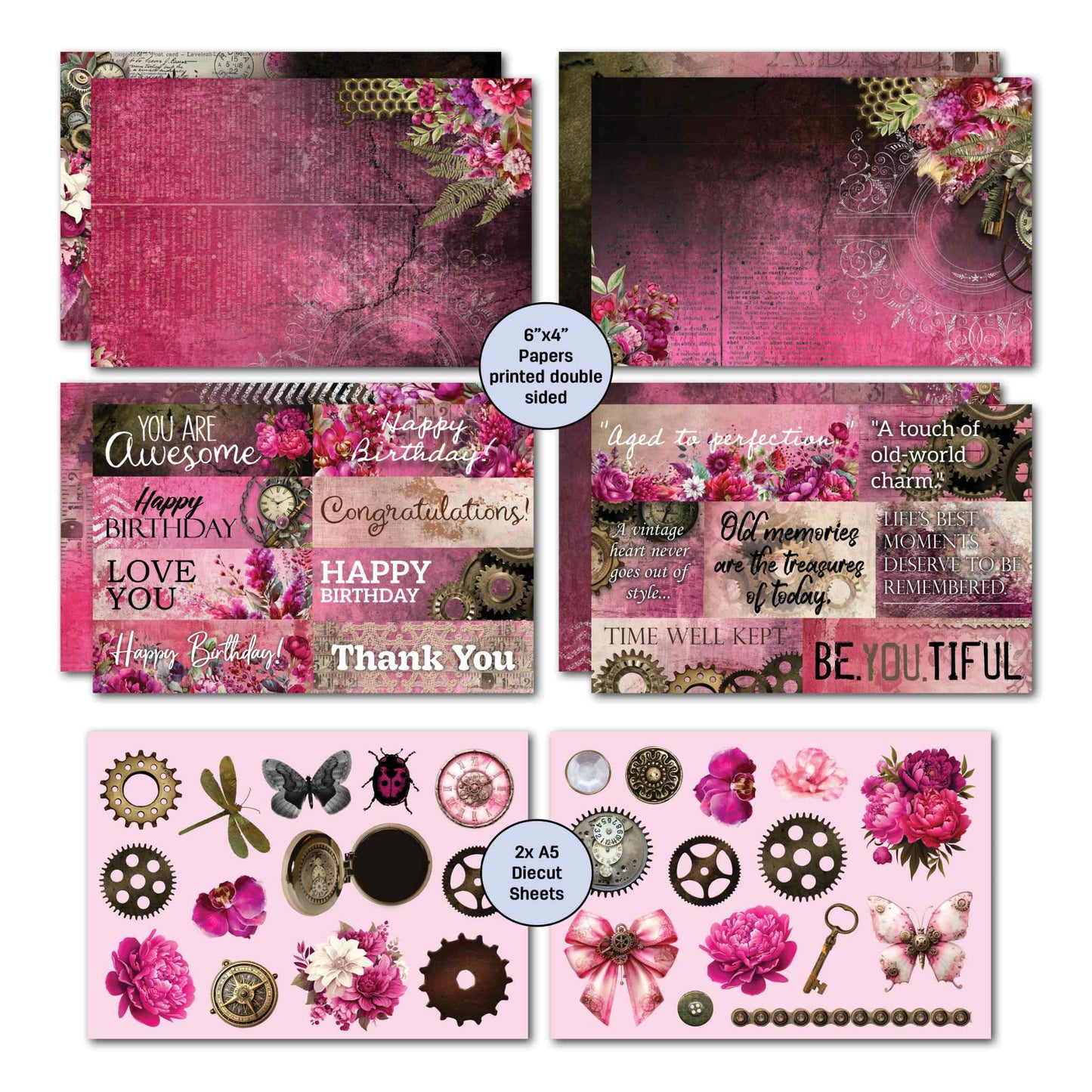 3Quarter Designs Mrs Aeronaut 6x4 card kit showing 4 double-sided papers including 2 ephemera and word element sheets, alongside 2 die-cut sheets with steampunk and floral elements including butterfly, dragonfly, gears, clock faces, compass, cerise bow and brass key