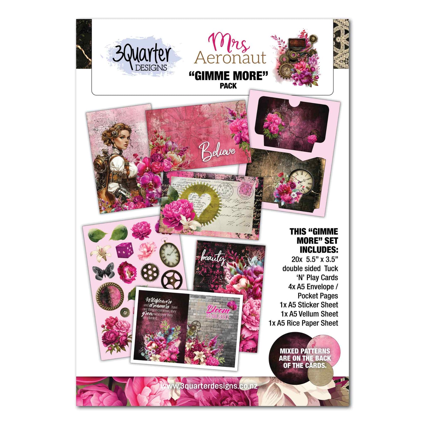3Quarter Designs Mrs Aeronaut Gimme More Pack cover showing pack contents including Tuck N Play cards, envelope pocket pages, sticker sheet, vellum sheet and rice paper sheet