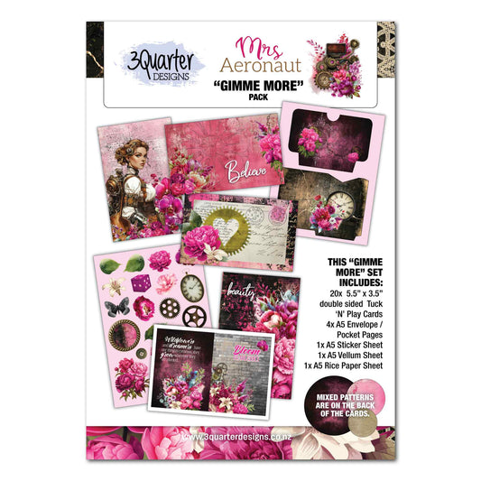 3Quarter Designs Mrs Aeronaut Gimme More Pack cover showing pack contents including Tuck N Play cards, envelope pocket pages, sticker sheet, vellum sheet and rice paper sheet