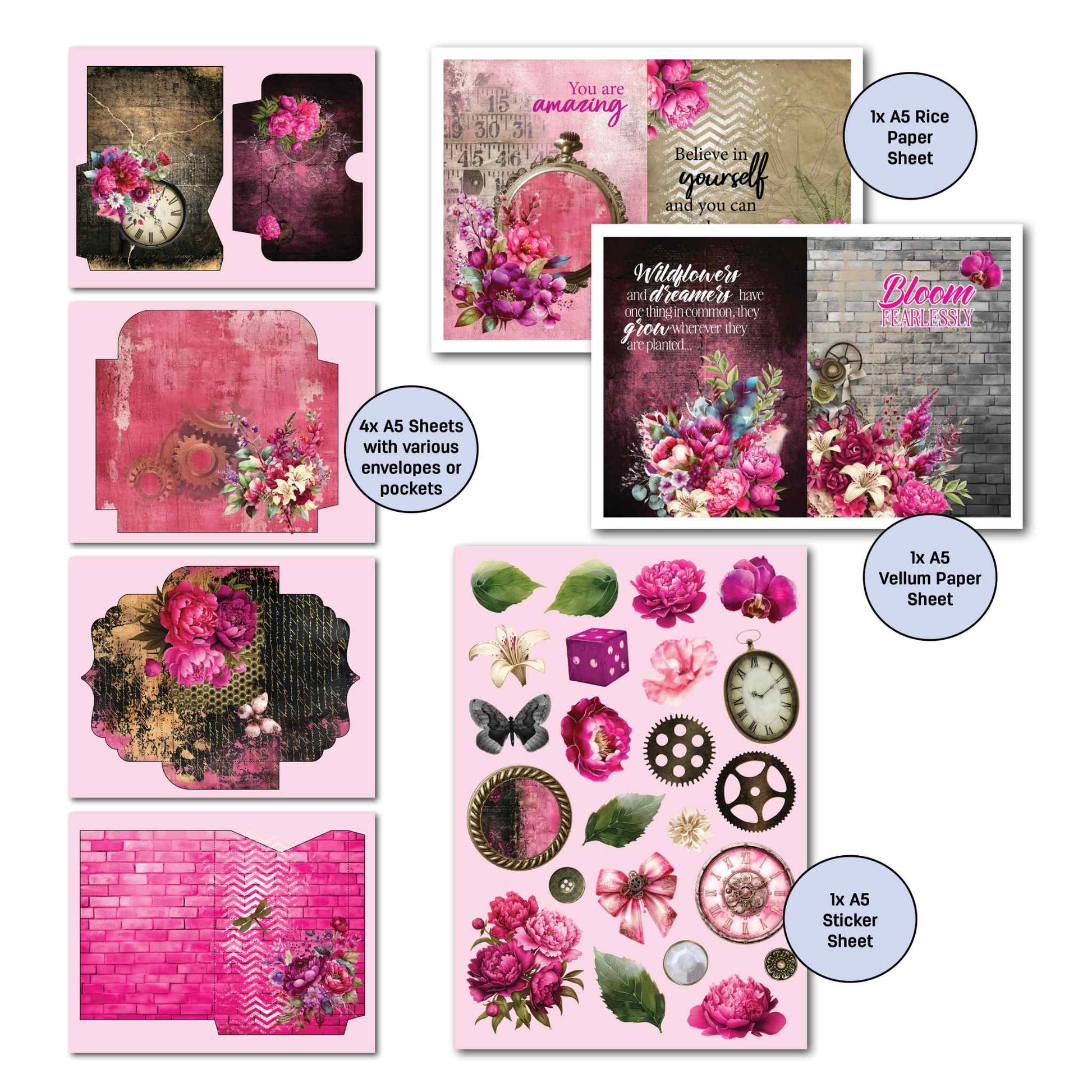 3Quarter Designs Mrs Aeronaut Gimme More Pack showing 4 A5 envelope pocket pages, A5 sticker sheet with peonies clocks gears butterfly and bow, A5 vellum sheet with You Are Amazing and Bloom Fearlessly panels, and A5 rice paper sheet