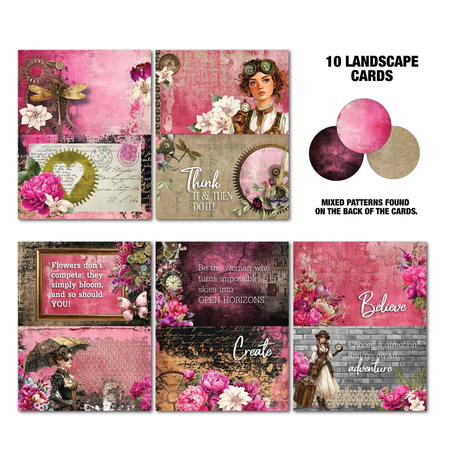 3Quarter Designs Mrs Aeronaut Gimme More Pack showing 10 landscape Tuck N Play cards featuring steampunk ladies, peonies, vintage clocks, dragonfly, and sentiments including Think It and Then Do It, Flowers Dont Compete, Be the Woman, Create, Believe and Choose an Adventure
