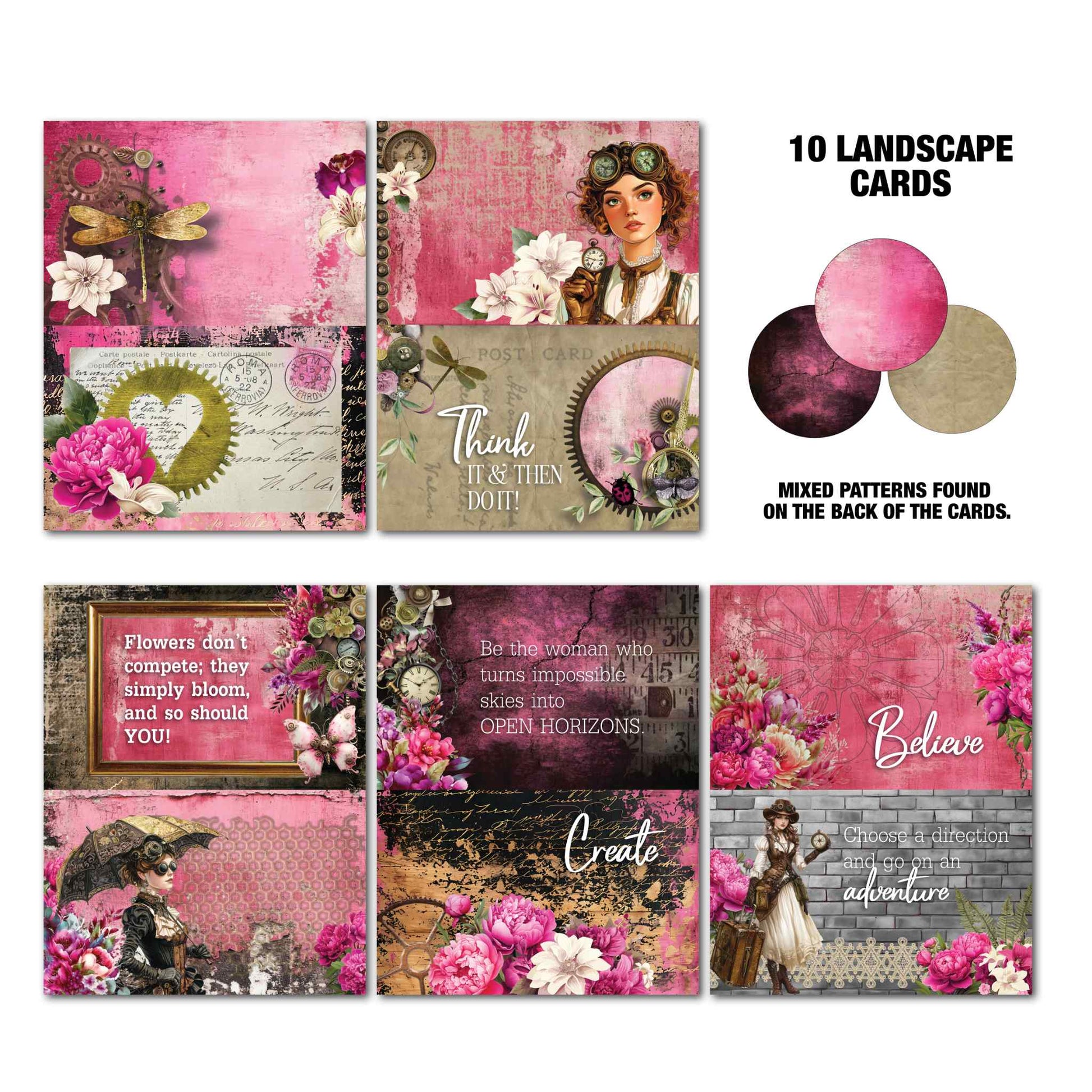 3Quarter Designs Mrs Aeronaut Gimme More Pack showing 10 landscape Tuck N Play cards featuring steampunk ladies, peonies, vintage clocks, dragonfly, and sentiments including Think It and Then Do It, Flowers Dont Compete, Be the Woman, Create, Believe and Choose an Adventure