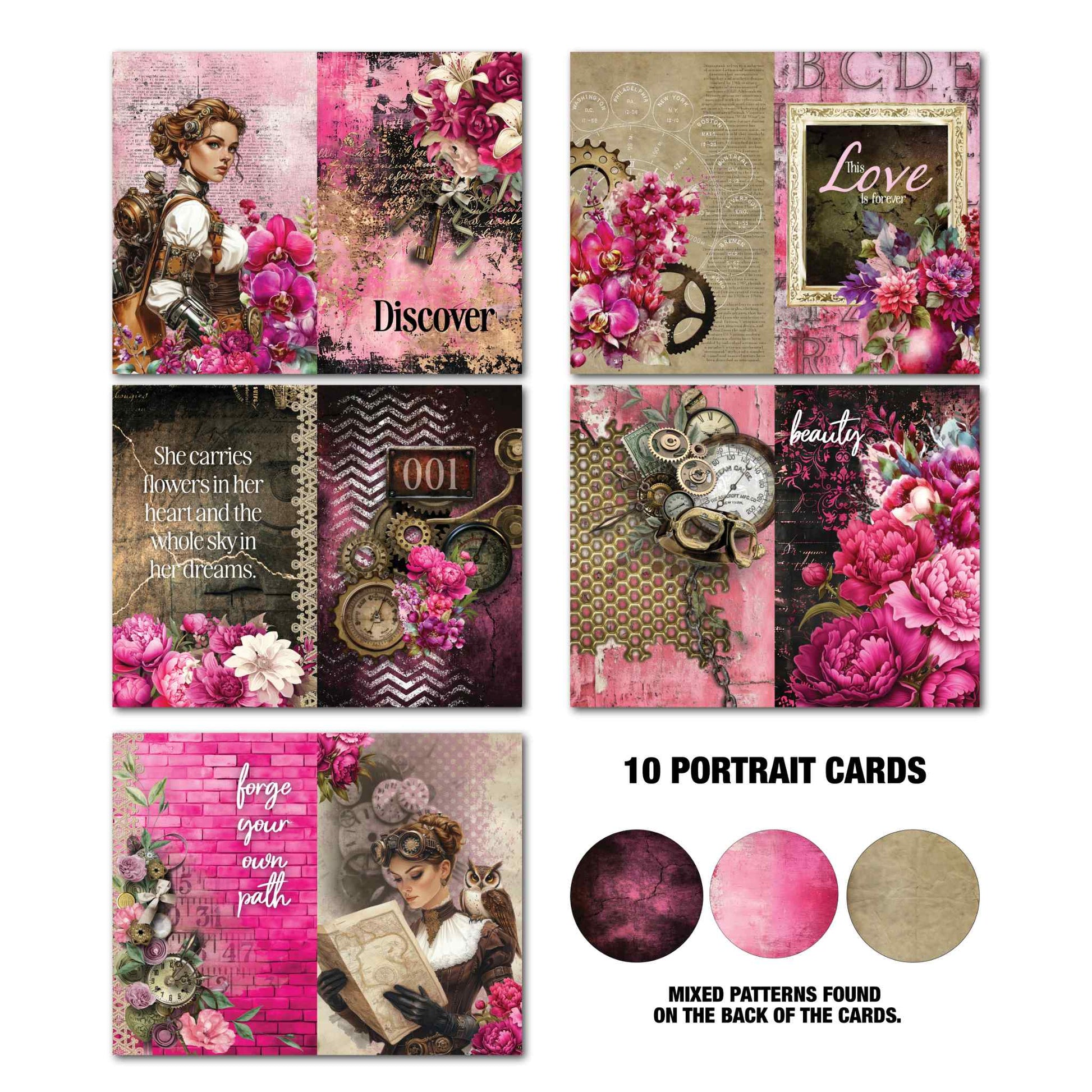 3Quarter Designs Mrs Aeronaut Gimme More Pack showing 10 portrait Tuck N Play cards featuring steampunk ladies with owl, peonies, gears, clocks, and sentiments including Discover, This Love is Forever, Beauty, She Carries Flowers in Her Heart and Forge Your Own Path
