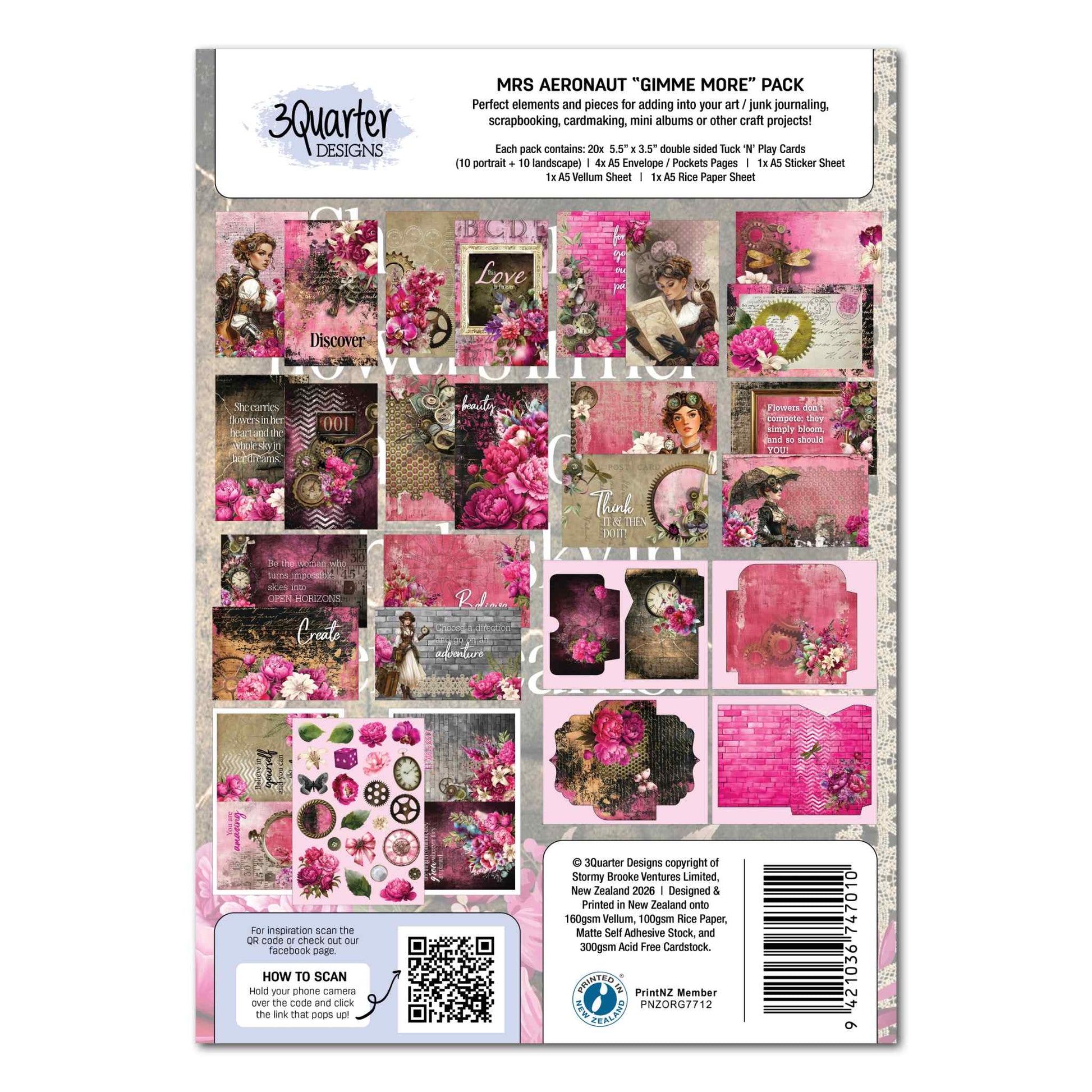 3Quarter Designs Mrs Aeronaut Gimme More Pack back cover showing all 20 Tuck N Play cards laid out with mixed reverse patterns, plus sticker sheet, pocket pages and specialty papers