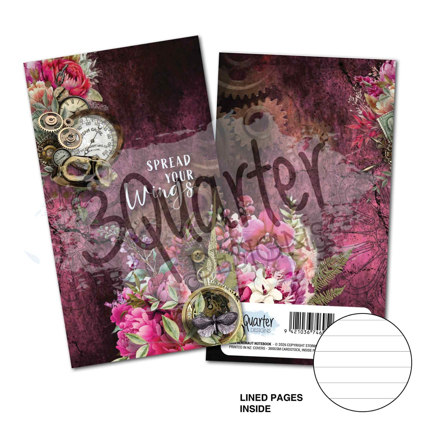 3Quarter Designs Mrs Aeronaut Mini Notebook front and back covers showing deep cerise and plum background with steampunk gears, compass locket, peonies, ferns and Spread Your Wings sentiment, with lined pages inside