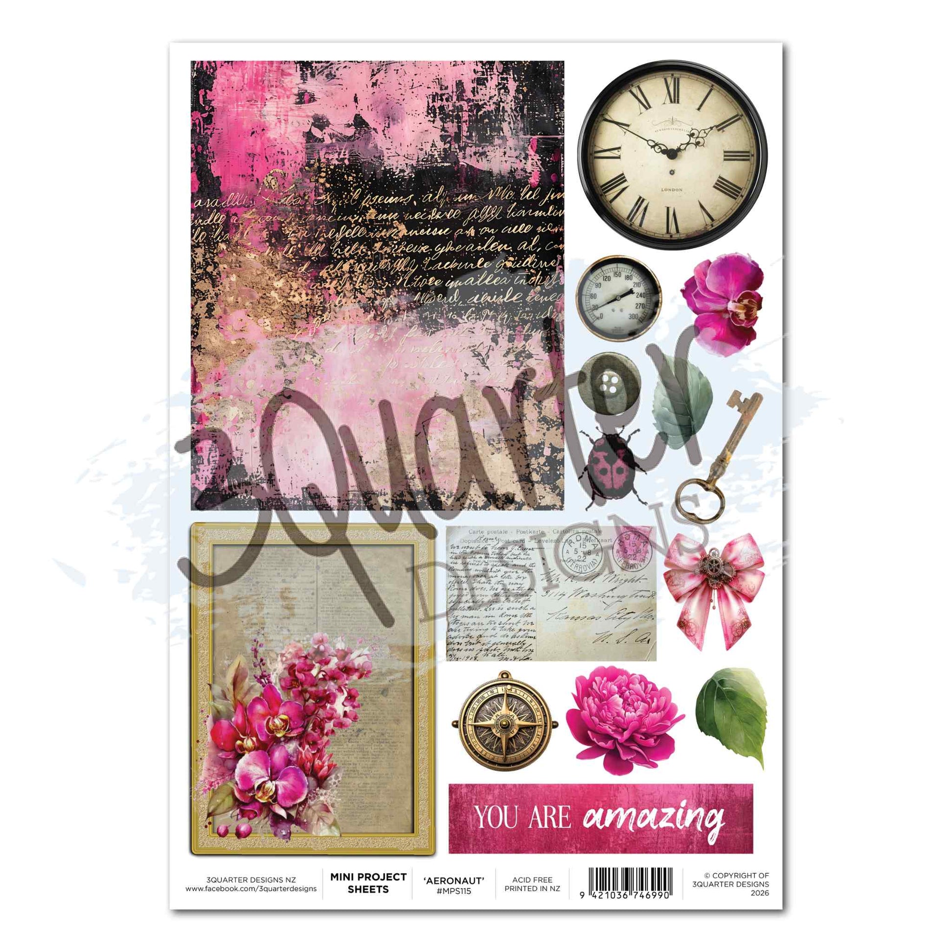 3Quarter Designs Mrs Aeronaut Mini Project Sheet featuring distressed cerise and black background panel with script, framed orchid bouquet card, vintage clock, steampunk gauge, ladybird, brass key, handwritten postcard, cerise bow, compass, peony, leaf and You Are Amazing sentiment tag