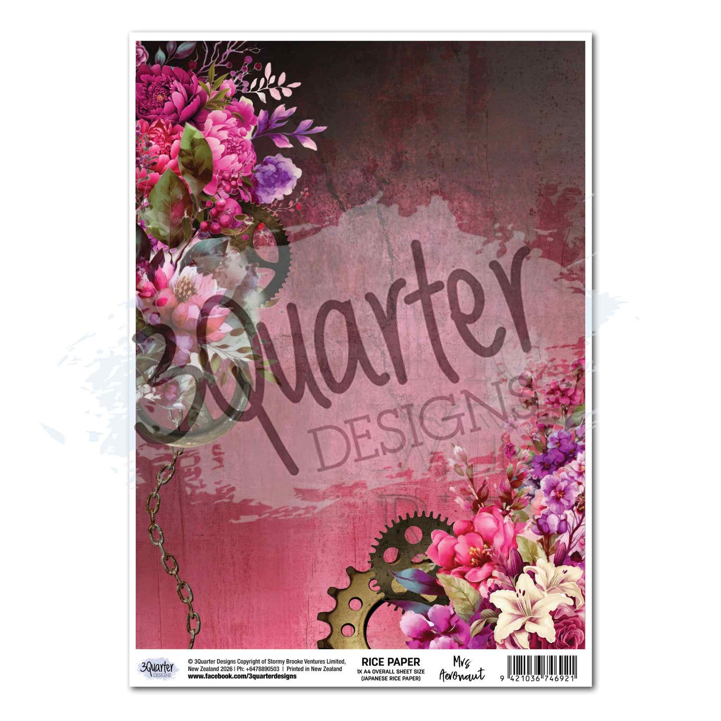 3Quarter Designs Mrs Aeronaut A4 Japanese rice paper with distressed cerise and plum background, peonies and mixed florals top left, purple blooms and lilies bottom right, steampunk gear and metal chain detail