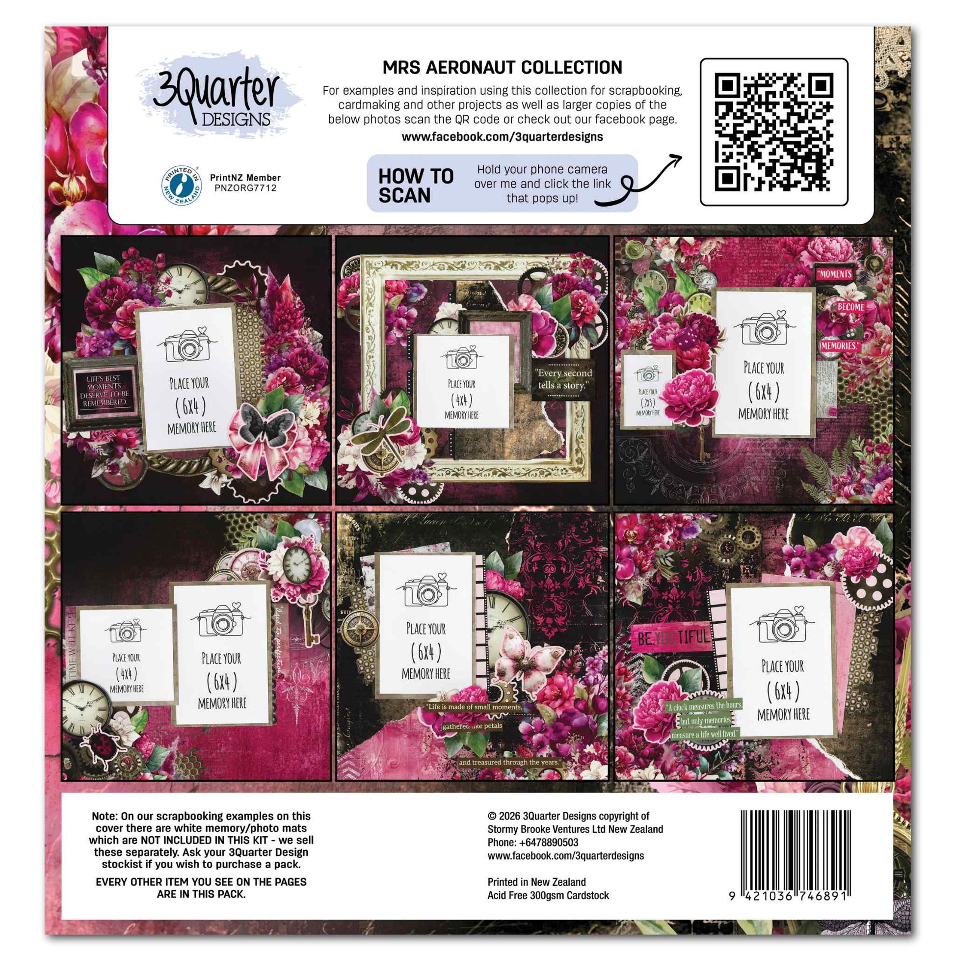 3Quarter Designs Mrs Aeronaut 12x12 Scrapbook Collection Kit back cover showing 6 sample scrapbook page layouts with photo mat placeholders for 6x4 and 4x4 memories, featuring cerise peonies, steampunk gears, dragonfly, brass key, ornate frames and mixed floral designs on dark plum backgrounds. 