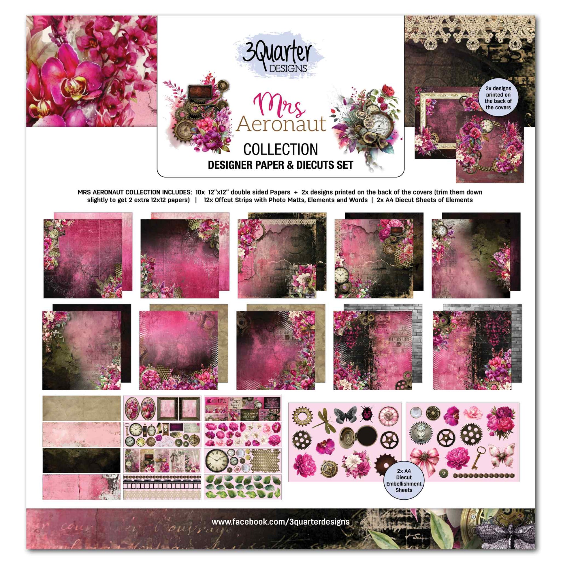 3Quarter Designs Mrs Aeronaut 12x12 Scrapbook Collection Kit front cover showing all kit contents including 10 double-sided 12x12 papers in cerise, plum and dark backgrounds with florals and steampunk details, 12 offcut strips with photo matts, elements and words, and 2 A4 diecut embellishment sheets with butterfly, dragonfly, gears, compass locket, brass key and peonies