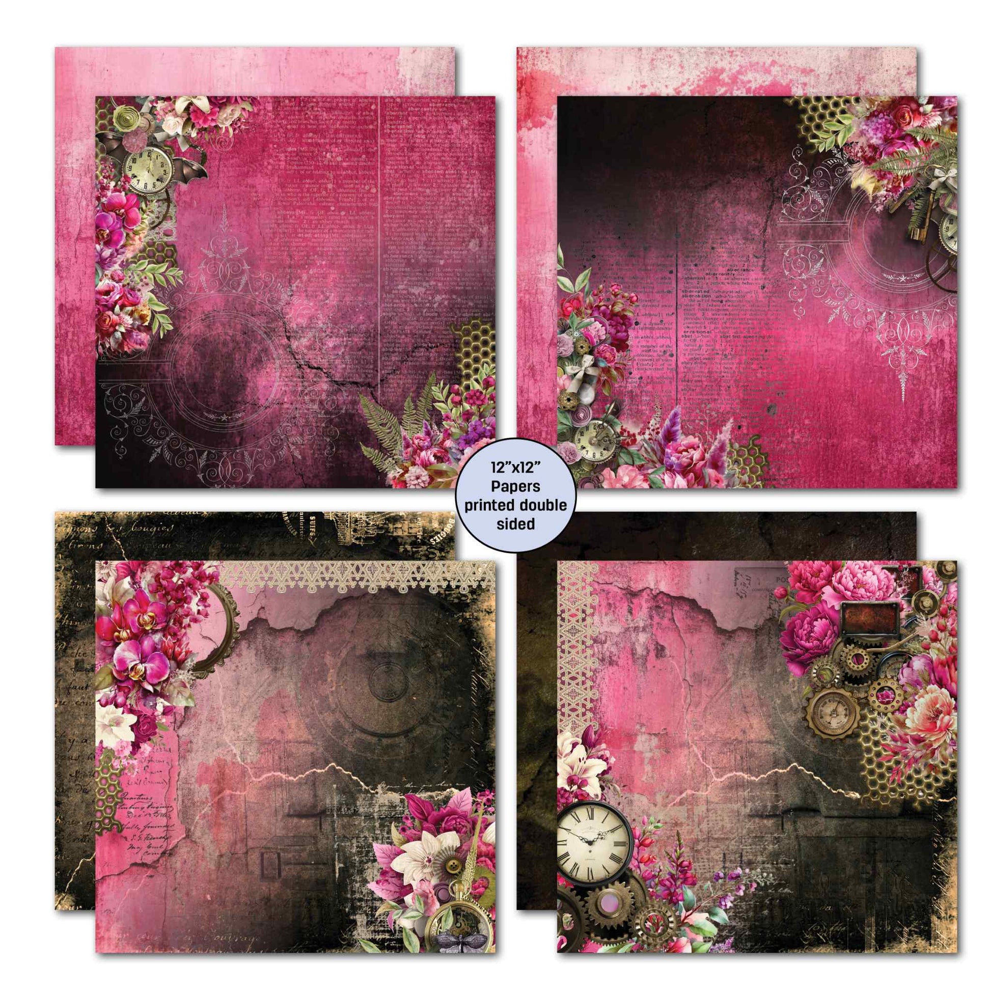 3Quarter Designs Mrs Aeronaut 12x12 double-sided papers showing 4 designs — cerise and dark backgrounds with mixed florals, peonies, orchids, lace border, vintage clock, steampunk gears and brass compass details, with part of the reverse sides visible. Printed double sided.