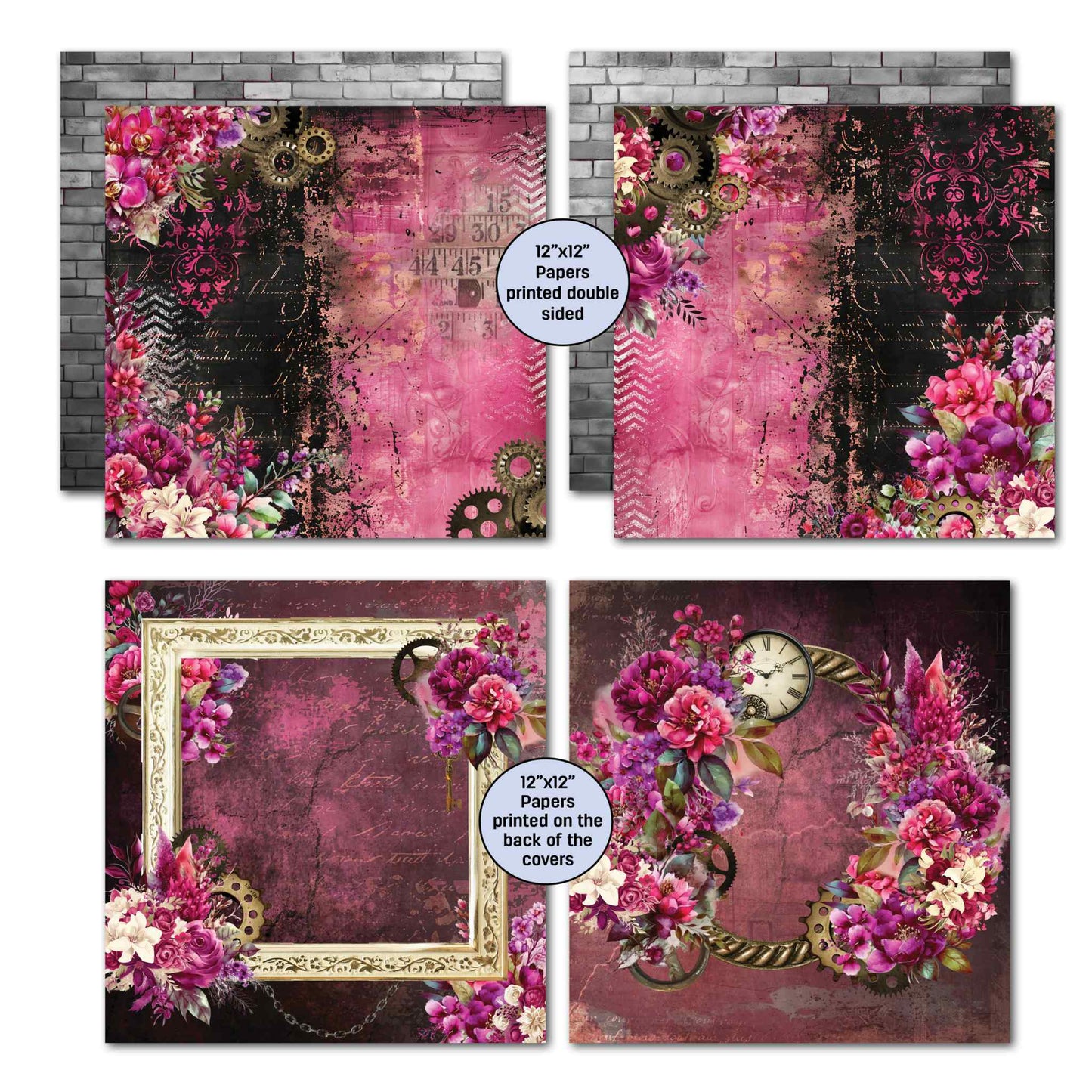 3Quarter Designs Mrs Aeronaut 12x12 papers showing 2 double-sided papers with cerise and dark backgrounds featuring steampunk gears, florals, chevron and damask details, plus the 2 bonus designs printed on the back of the covers — an ornate gold frame on dark plum script background, and a steampunk clock with lush cerise and purple florals. Printed double sided.