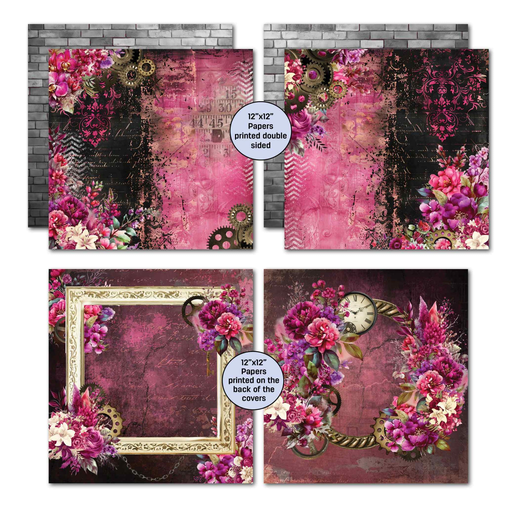 3Quarter Designs Mrs Aeronaut 12x12 papers showing 2 double-sided papers with cerise and dark backgrounds featuring steampunk gears, florals, chevron and damask details, plus the 2 bonus designs printed on the back of the covers — an ornate gold frame on dark plum script background, and a steampunk clock with lush cerise and purple florals. Printed double sided.