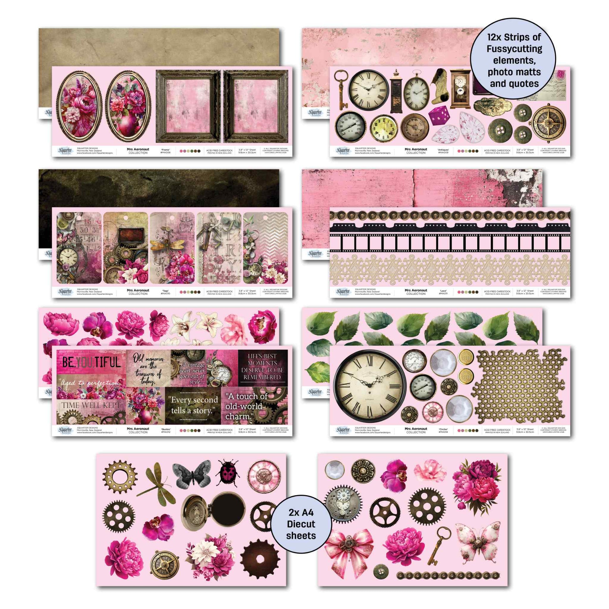 3Quarter Designs Mrs Aeronaut 12x12 Scrapbook Collection Kit showing all 12 off-cut strips with photo mats, fussy-cutting elements, word and quote strips, and the 2 A4 die-cut embellishment sheets with steampunk gears, florals, butterfly, dragonfly and brass elements