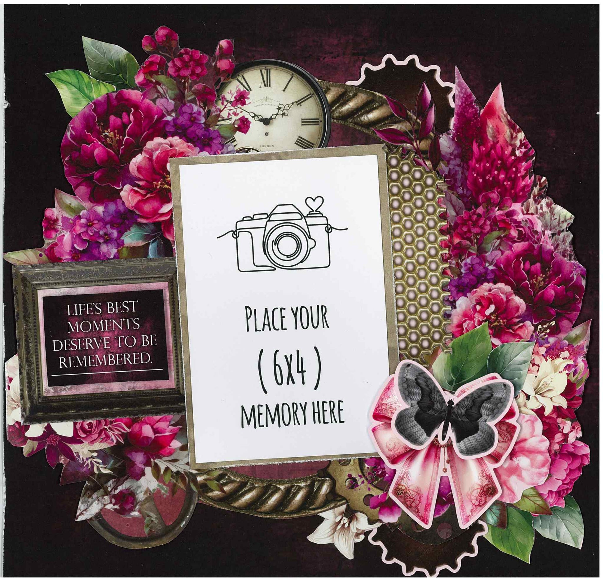 Sample 12x12 scrapbook layout using Mrs Aeronaut kit with a 6x4 photo mat, vintage clock, steampunk gear, cerise and purple florals, butterfly diecut and Life's Best Moments Deserve to Be Remembered sentiment on dark background