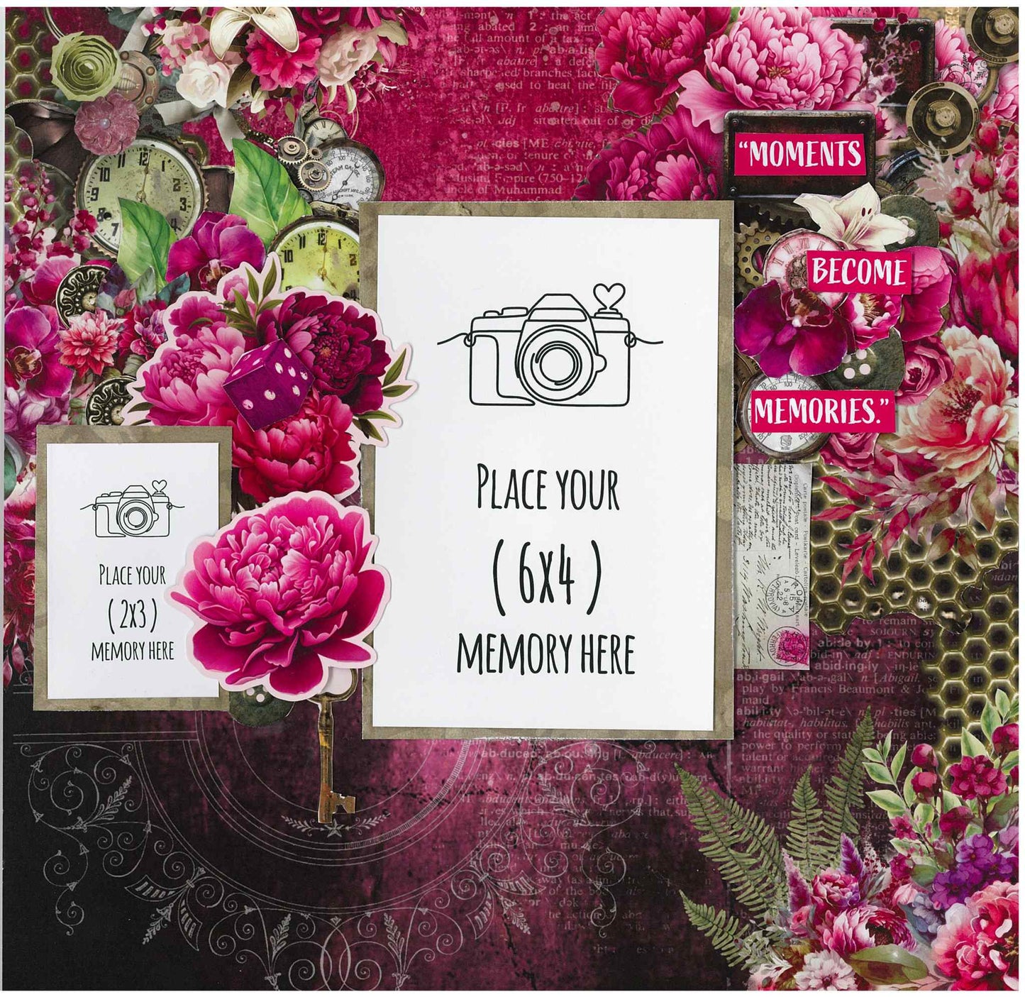  Sample 12x12 scrapbook layout using Mrs Aeronaut kit with 6x4 and 2x3 photo mats, layered cerise peonies, steampunk clocks and gears, brass key, honeycomb paper and Moments Become Memories quote strips on mixed cerise and dark backgrounds