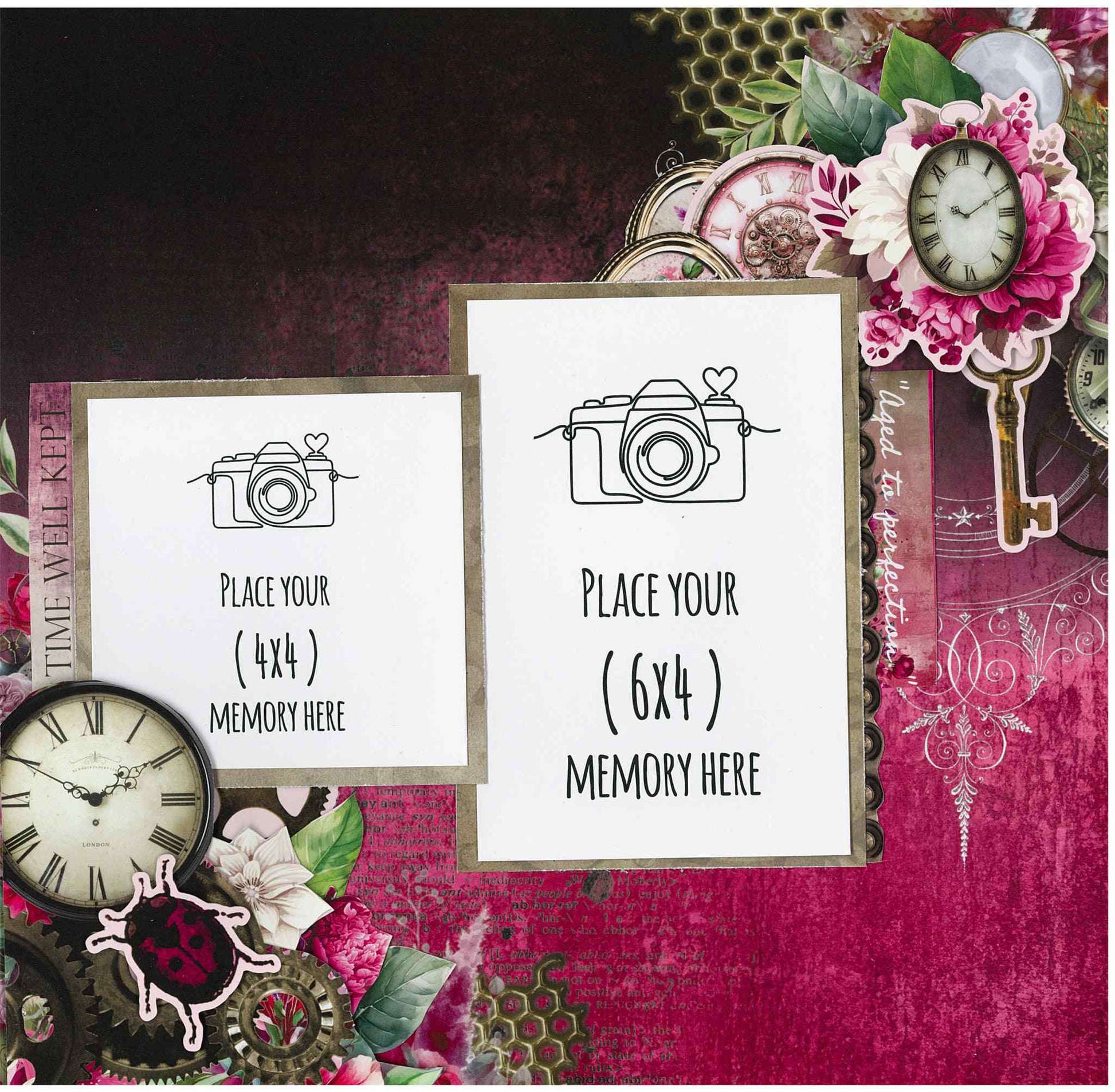 Sample 12x12 scrapbook layout using Mrs Aeronaut kit with 6x4 and 4x4 photo mats, vintage clocks, brass key, steampunk gears, cerise florals and Time Well Kept and Aged to Perfection sentiment strips on deep cerise and dark backgrounds