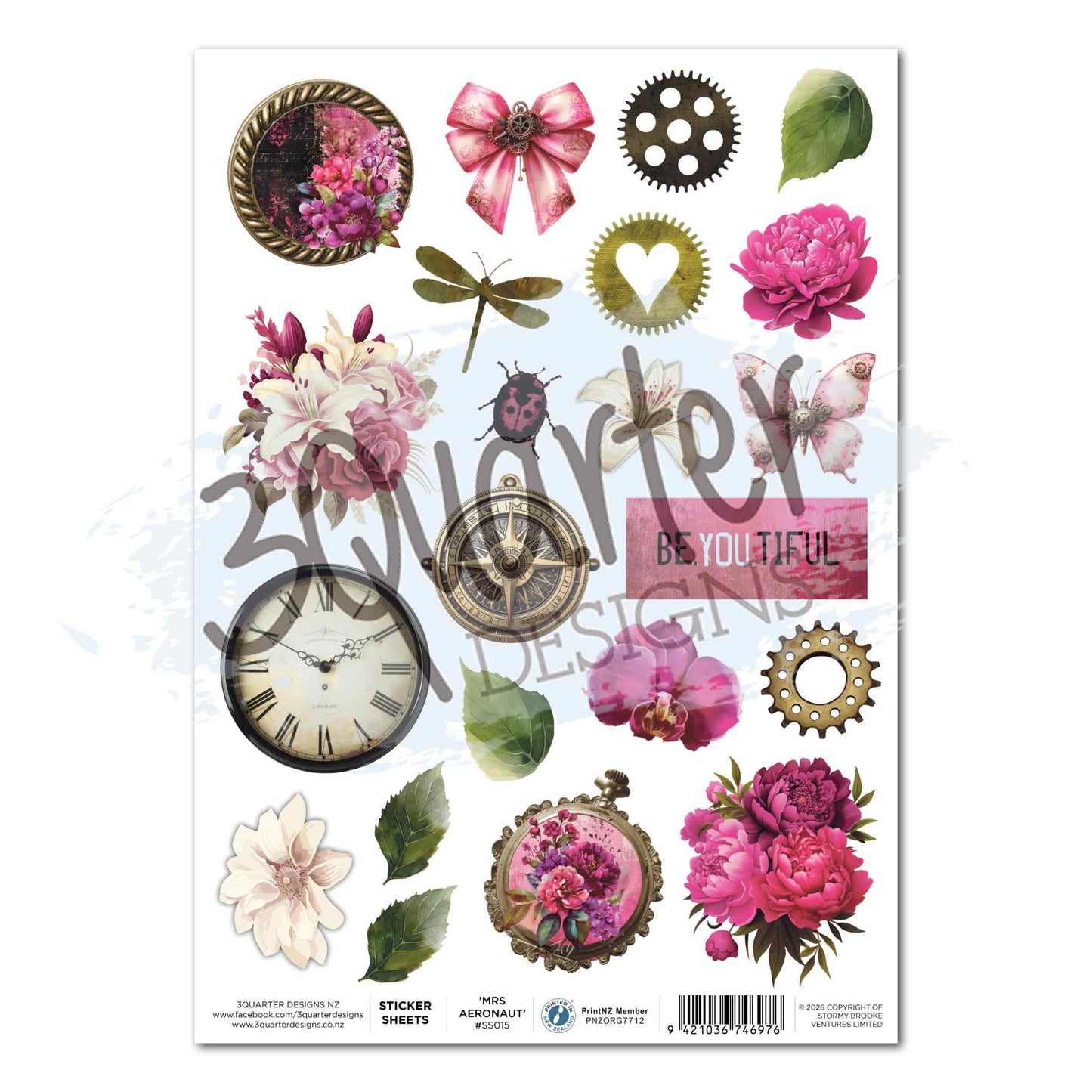 3Quarter Designs Mrs Aeronaut sticker sheet featuring peonies, vintage clock, compass, steampunk gears, dragonfly, butterfly, ladybird, florals and Be.You.Tiful sentiment tag 