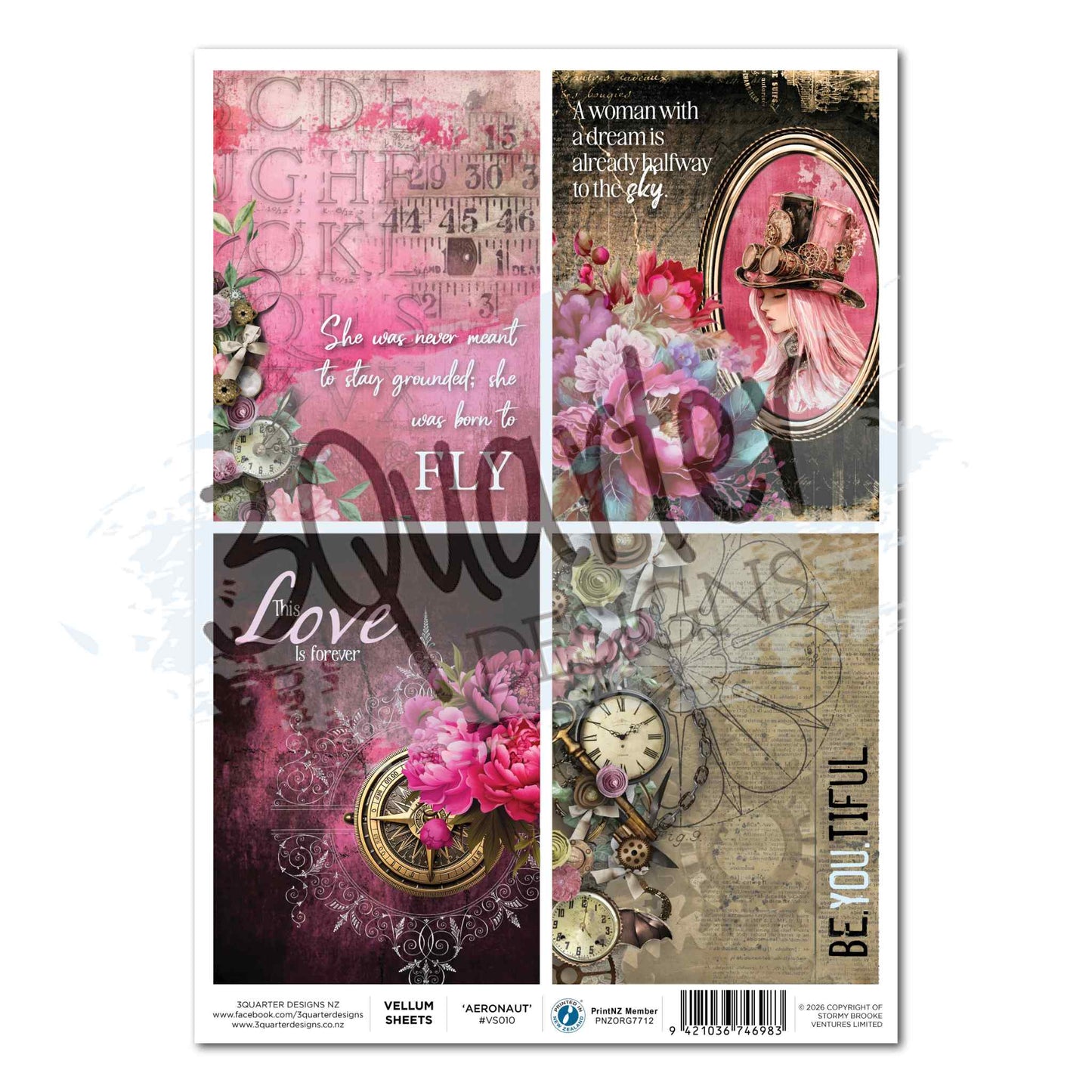 3Quarter Designs Mrs Aeronaut A4 vellum sheet with four cut-apart panels featuring steampunk lady portrait with peonies, cerise ruler background with She Was Born to Fly sentiment, deep plum compass and This Love is Forever, and vintage blueprint with clocks gears and Be.You.Tiful
