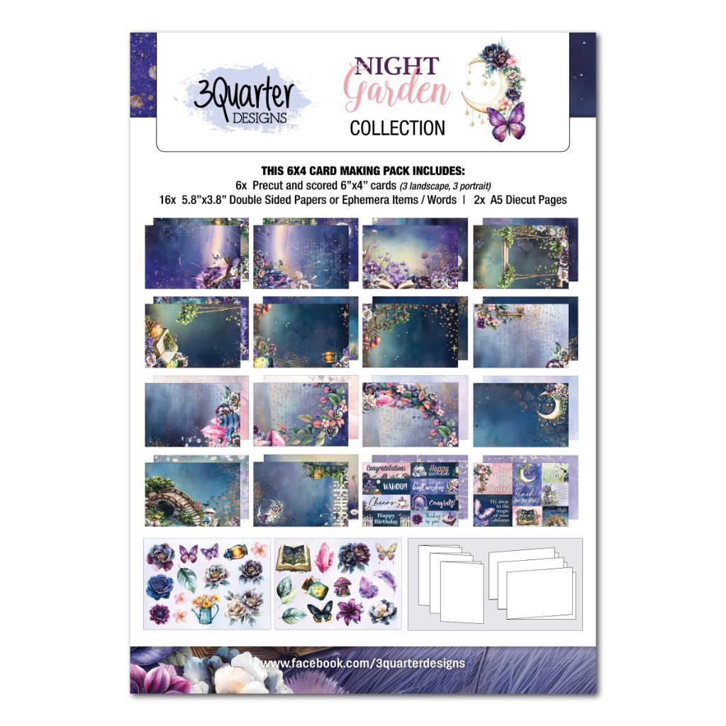 Promotional sheet for 3Quarter Designs Night Garden Card Making Pack, showing included cards, papers, and die-cut elements with floral and celestial themes.