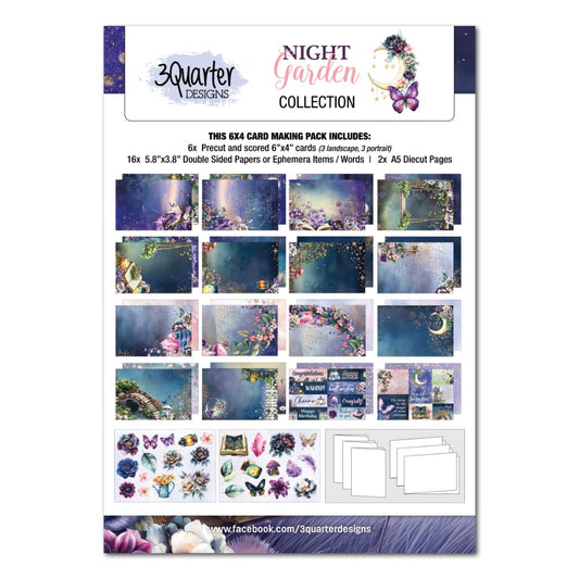 Promotional sheet for 3Quarter Designs Night Garden Card Making Pack, showing included cards, papers, and die-cut elements with floral and celestial themes.