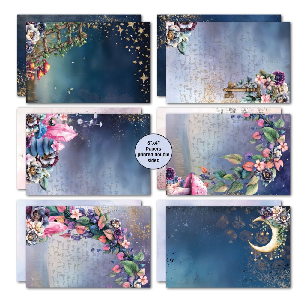 Six 6x4 double-sided papers with dreamy fantasy artwork featuring mushrooms, stars, moons, and pastel crystals in blue and purple tones.