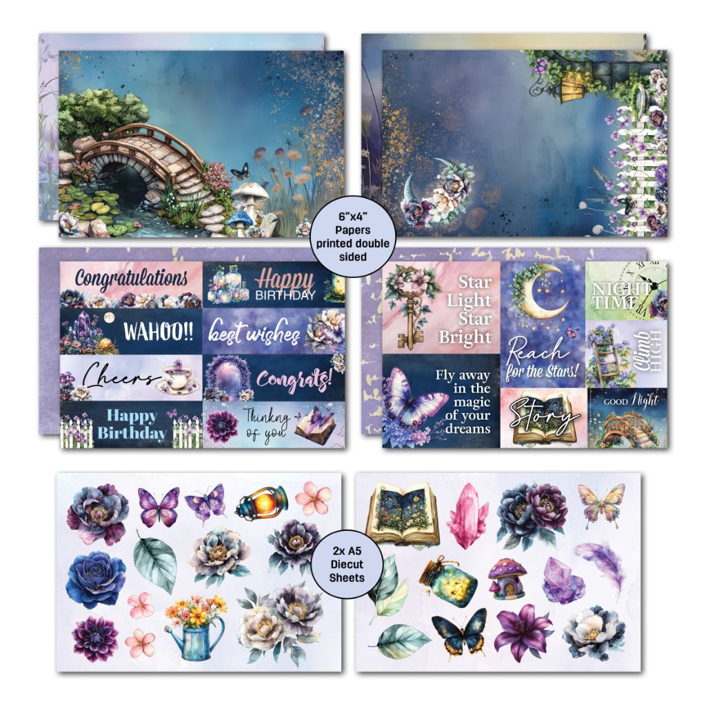 Assorted die-cut sheets and decorative papers from the Night Garden collection, including greeting phrases and whimsical embellishments like butterflies, lanterns, and mushrooms.