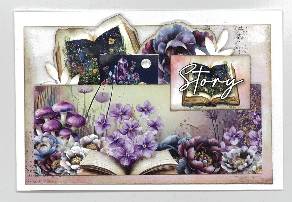 Handmade card featuring open illustrated books surrounded by mushrooms, flowers, and crystals, created using elements from the Night Garden cardmaking kit.