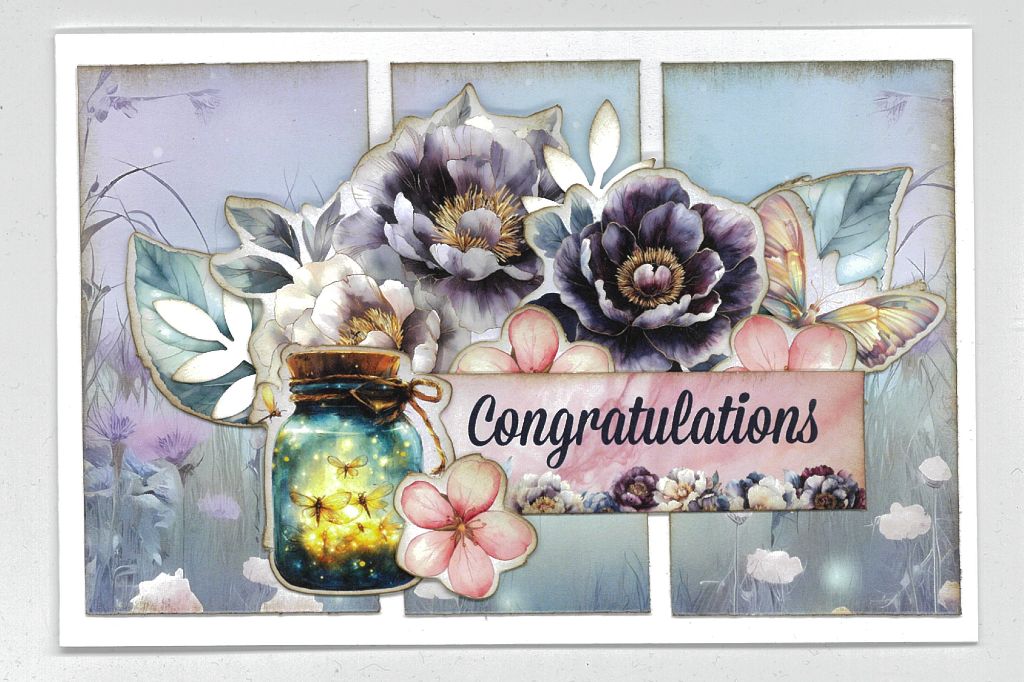 Finished card with “Congratulations” sentiment, decorated with purple flowers, butterflies, and a glowing jar, made from Night Garden kit components.