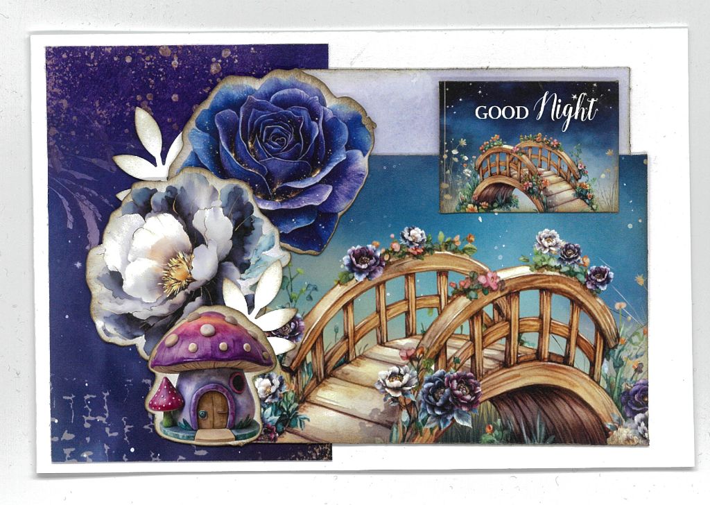 Whimsical card with “Good Night” message, showing a flower-covered bridge and mushroom house under a twilight sky, assembled from Night Garden kit pieces.