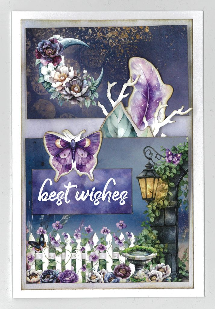 Handmade card with “Best Wishes” sentiment, featuring a crescent moon, butterfly, picket fence, and lantern in a magical garden scene using Night Garden kit materials.