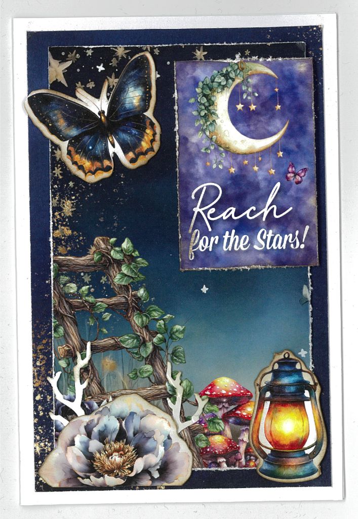 Inspirational card with “Reach for the Stars!” sentiment, featuring a vine-covered ladder, glowing mushrooms, and crescent moon, made using Night Garden kit elements.