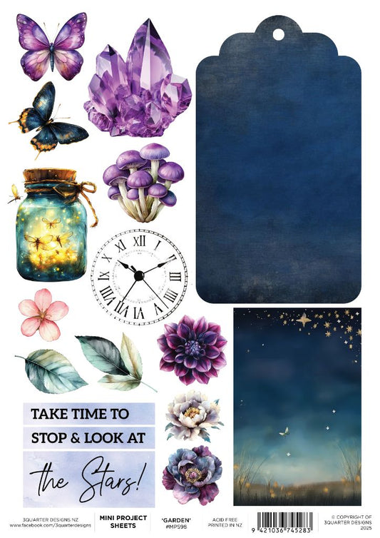 Collection of decorative elements including butterflies, crystals, mushrooms, a clock, flowers, and a tag with text that reads "Take time to stop & look at the Stars!".