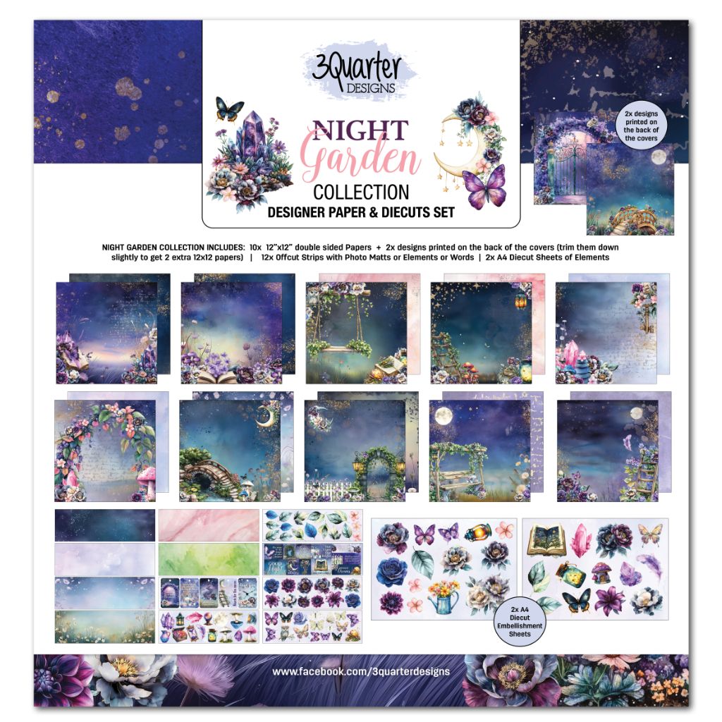 Designer paper and die cuts set for scrapbooking with '3Quarter Designs Night Garden' collection.