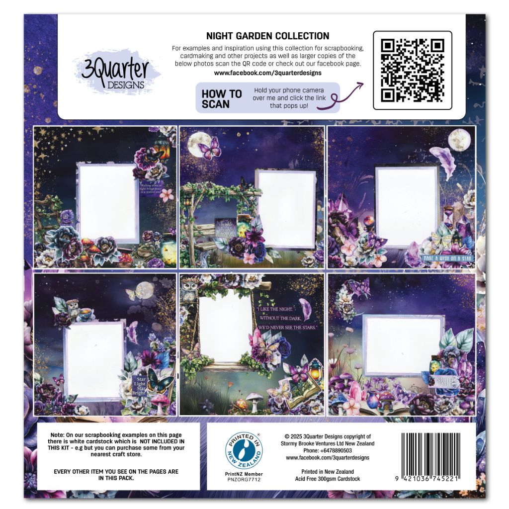 Scrapbook collection back cover with six mystical garden layouts featuring owls, moons, lanterns, and butterflies.