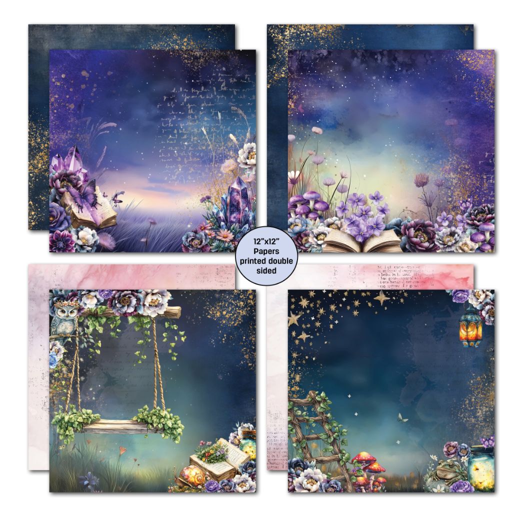 Set of four 12x12 fantasy papers with crystals, swings, mushrooms, and magical garden scenes