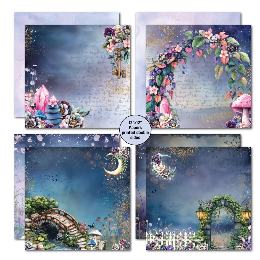 Four double-sided scrapbook papers with moons, bridges, lanterns, and whimsical garden elements