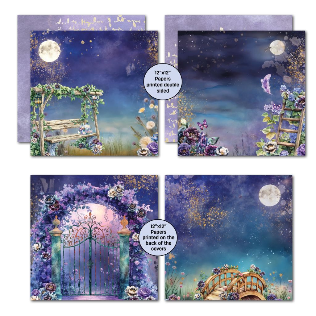 Fantasy-themed papers with moon, swing, gate, bridge, and starry night garden backgrounds