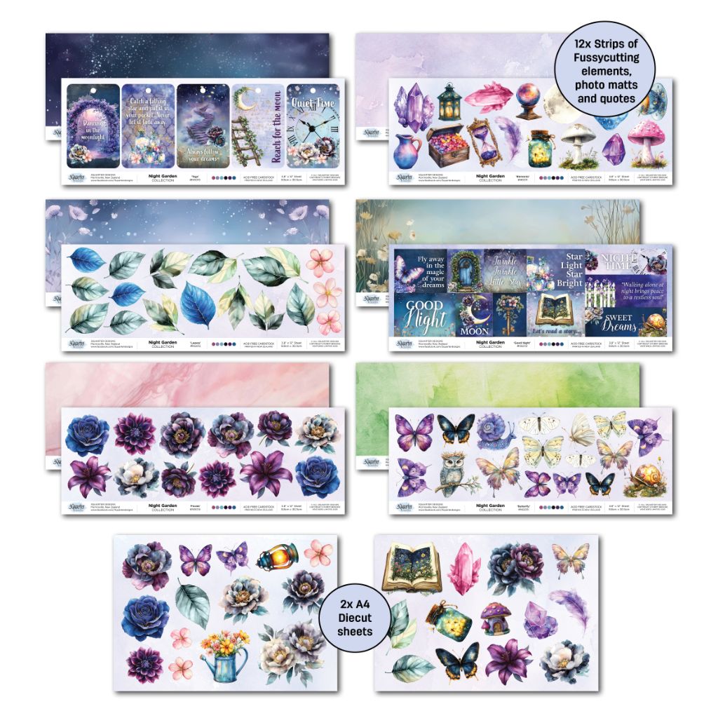 12 decorative strips and 2 A4 die-cut sheets with quotes, butterflies, mushrooms, and celestial motifs