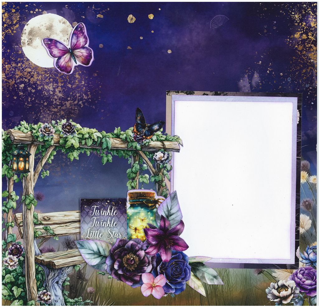 Night-time scrapbook scene with arbour, lantern, glowing jar, and ‘Twinkle Twinkle Little Star’ sign