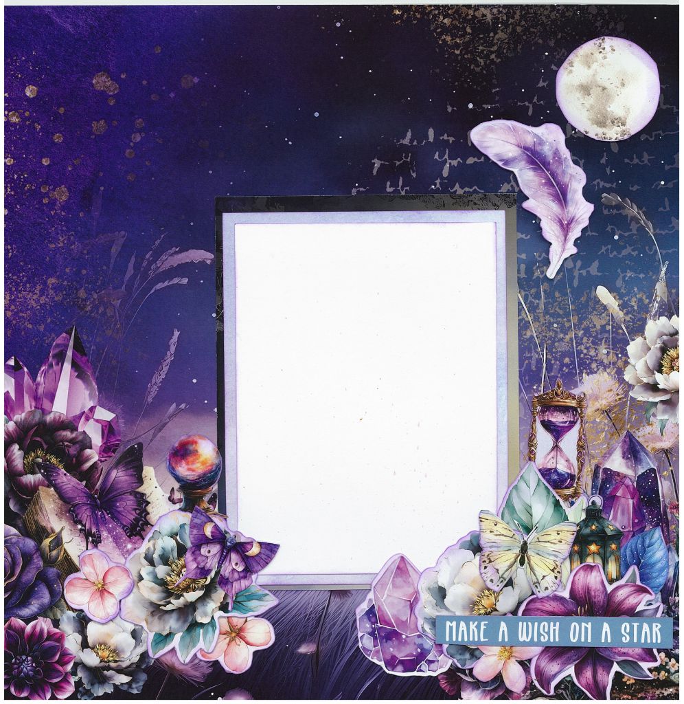 Scrapbook layout with moon, stars, crystals, flowers, and banner reading ‘Make a wish on a star’
