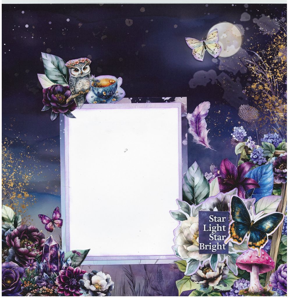 Scrapbook page with owl, teacup, mushrooms, and quote ‘Star Light Star Bright’ under moonlit sky