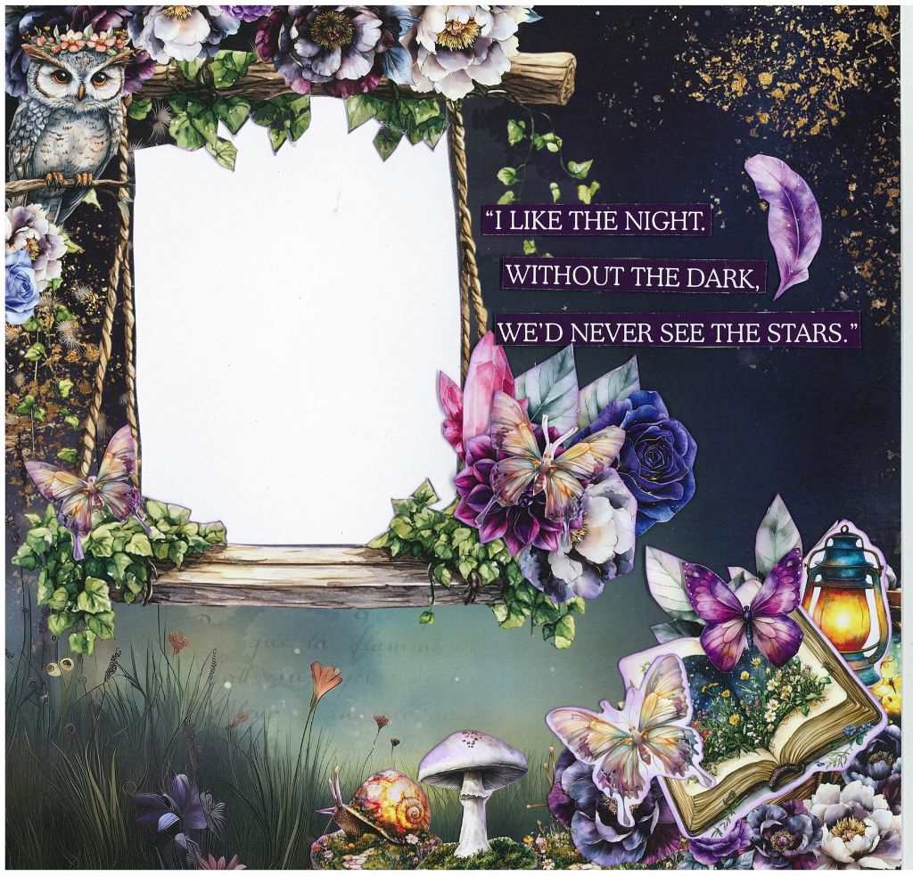 Nature-themed collage with owl, butterflies, glowing lantern, and quote about seeing stars in the dark