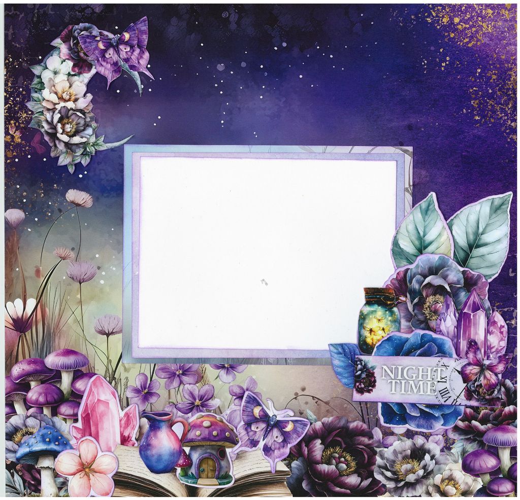 Fantasy scrapbook layout with mushrooms, potion bottle, open book, and ‘Night Time’ label