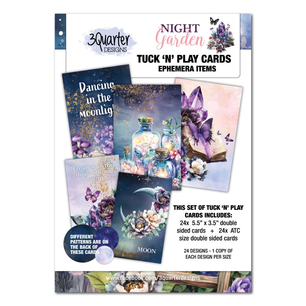 Promotional image of 'Night Garden' tuck 'n' play cards with colorful designs on a white background. Images include books, flowers, mushrooms, moons, butterflies and other garden inspired images in purple and pink tones. 