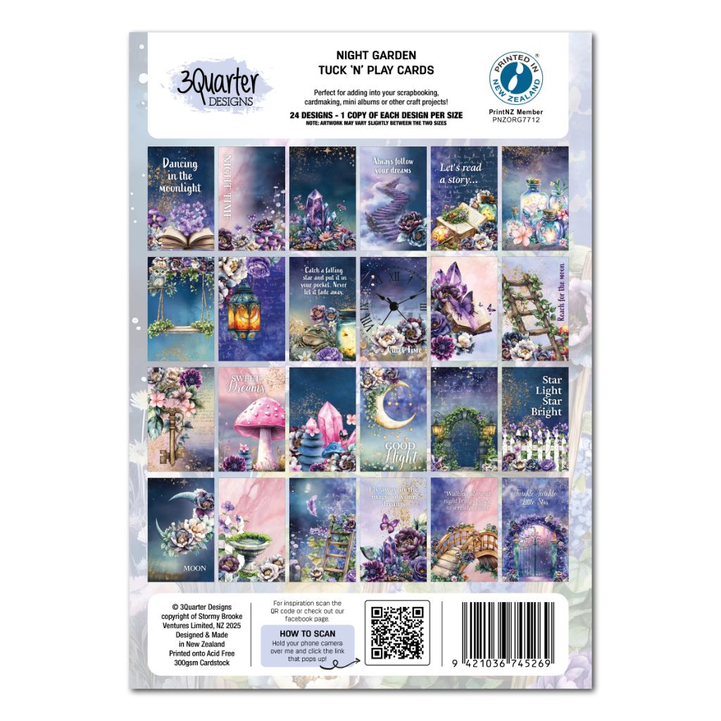 Collage of tuck 'n play cards with various designs on a white background. Images include books, flowers, mushrooms, moons, butterflies and other garden inspired images in purple and pink tones. 