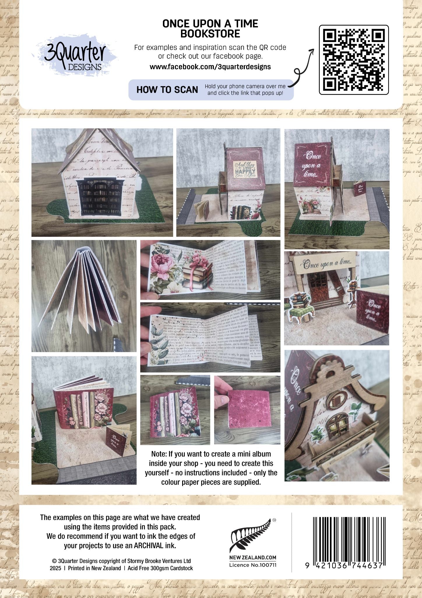 Back cover of the 3Quarter Lane Once Upon a Time Book Shop kit showing multiple assembly angles, mini album inspiration photos, and kit contents including chipboard pieces, die-cut embellishments, and A4 papers