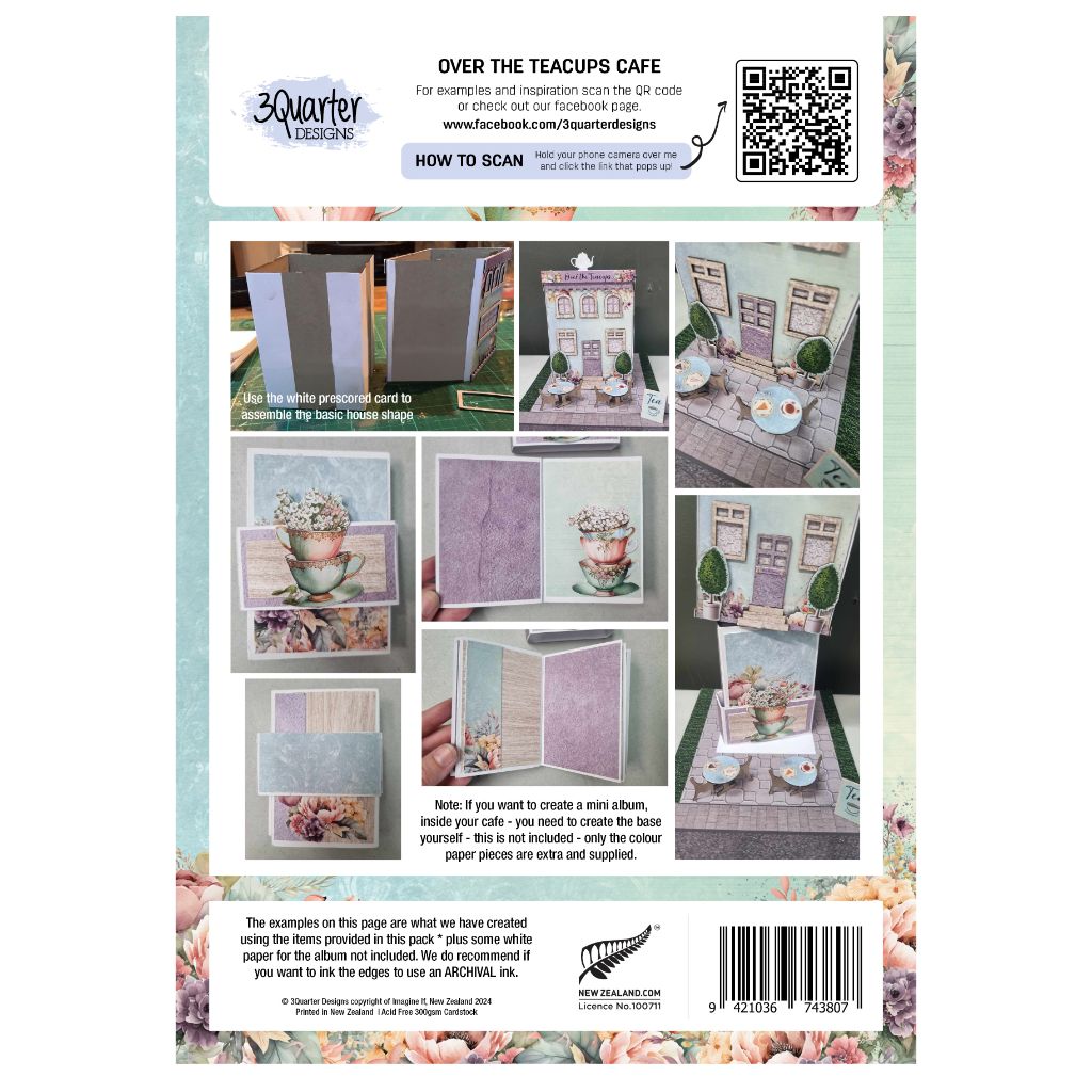 Back cover of the Over the Teacups Café kit with assembly inspiration photos and miniature village examples