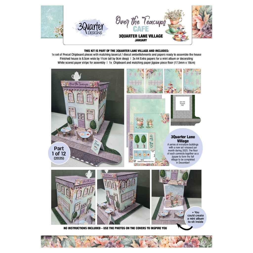 Front cover of the Over the Teacups Café kit showing the finished miniature building and included materials