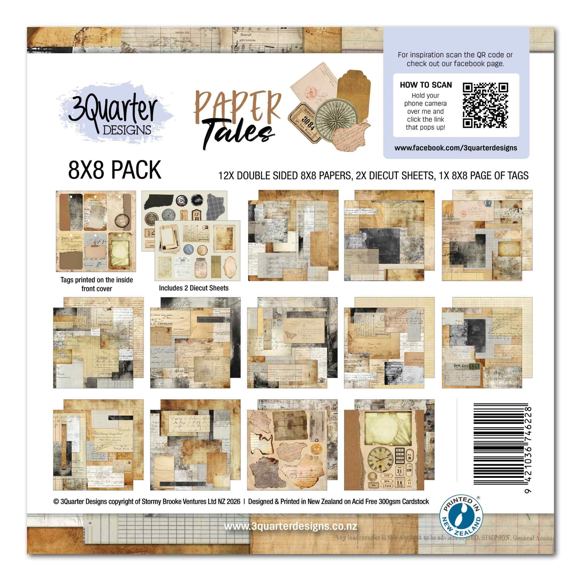 3Quarter Designs Paper Tales 8x8 Paper Pack packaging showing contents including 12 double-sided papers, 2 die-cut sheets and tags page with paper preview thumbnails