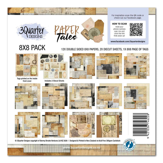 3Quarter Designs Paper Tales 8x8 Paper Pack packaging showing contents including 12 double-sided papers, 2 die-cut sheets and tags page with paper preview thumbnails
